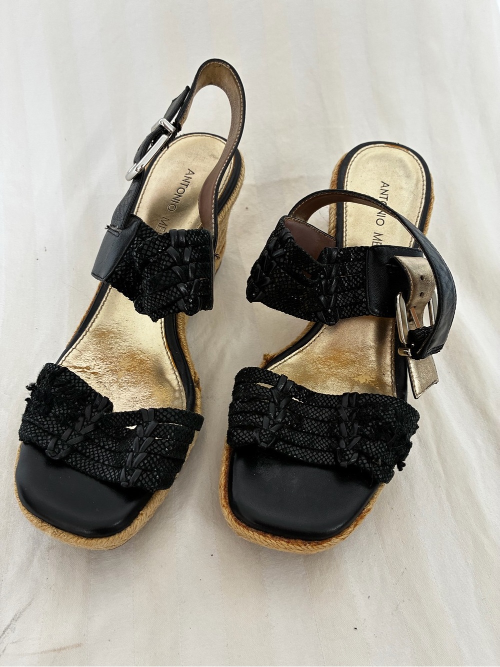 ANTONIO MELANI Black Braided Espadrille Wedge Sandals
